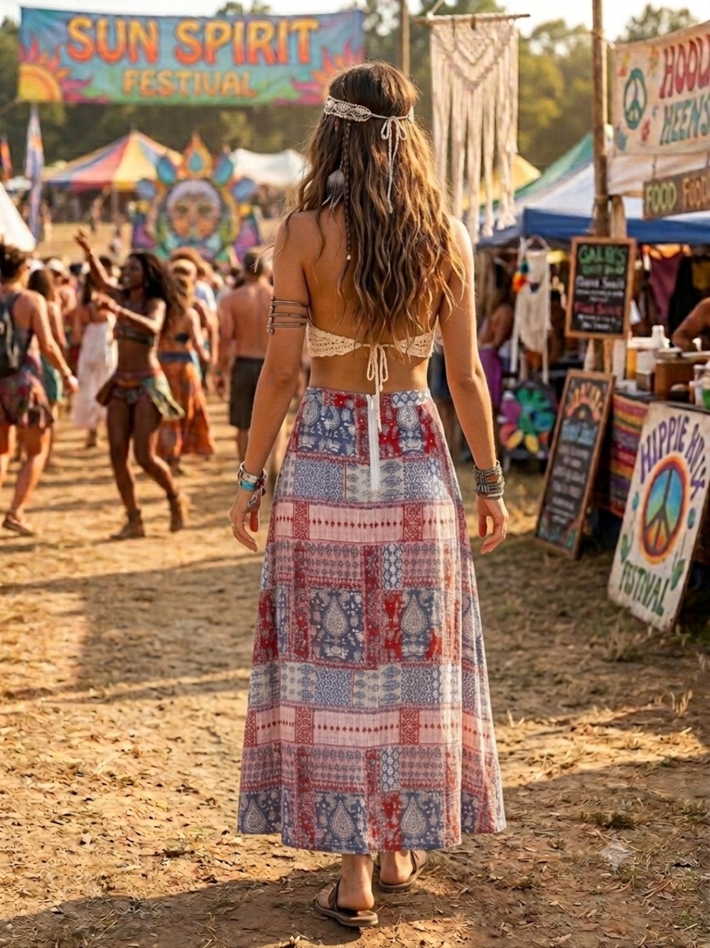 Cotton On BOHO Festival Patchwork Maxi Skirt with High Front Slits Back Zip SZ M - Picture 3 of 7
